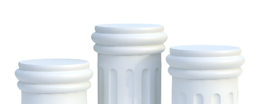 Three white columns for product presentation isolated on transparent background