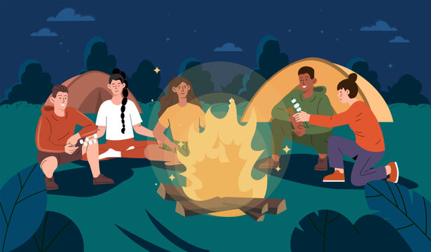 Friends on camp. Men and women with marshmallow near bonfire. Active lifestyle and leisure outdoor, hiking and camping. People at night near colorul tents. Cartoon flat vector illustration