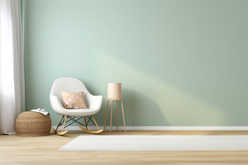 A mint green wall and a rocking chair. A copy space.