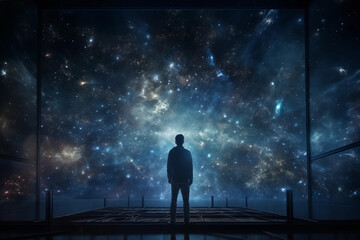 A person standing in a dark room, looking at a large picture of outer space. The image of space is a hologram, glowing with stars, galaxies, and nebulae. The person is in awe - obrazy, fototapety, plakaty