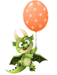 Cute cartoon new year character green Dragon flies on a red balloon on a white background