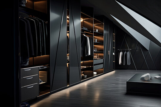 A masculine walk-in closet boasting dark slate shelving with some clothes in.