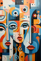 Abstract Fusion of Serene Faces and Bold Graphic Patterns in Chic Illustration Style