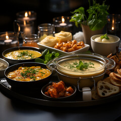 In a stylish restaurant, an elegant cheese fondue is served. The melted cheese is artfully presented in a caquelon, surrounded by an array of delicious accompaniments.