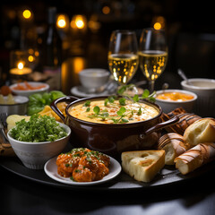 In a stylish restaurant, an elegant cheese fondue is served. The melted cheese is artfully presented in a caquelon, surrounded by an array of delicious accompaniments.