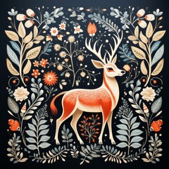 christmas background with deer, card design, isolated on a navy blue background, generative ai 