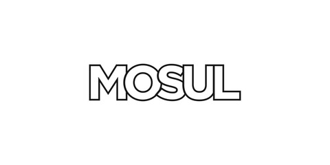 Mosul in the Iraq emblem. The design features a geometric style, vector illustration with bold typography in a modern font. The graphic slogan lettering.