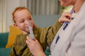 Toddler playing with doctor's clothes during inhalation treatment.