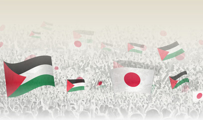 Palestine and Japan flags in a crowd of cheering people.