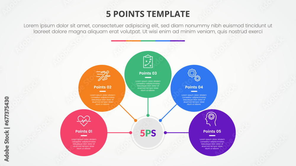 Aufkleber 5 points stage template infographic concept for slide presentation with circle network on center con