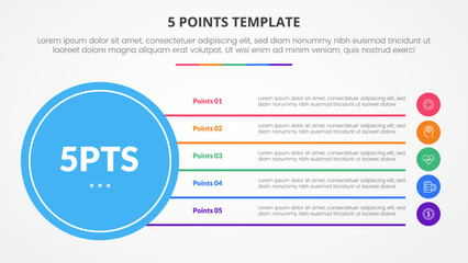 5 points stage template infographic concept for slide presentation with big circle base and line box stack with 5 point list with flat style