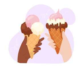 Hands with ice cream concept. Waffer cone with frozen balls. Dessert and delicacy for hot weather and summer season. Cartoon flat vector illustration isolated on white background