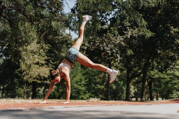 Fit sportsperson exercise in the park, doing cartwheels and cardio. Her sports attire matches the natural surroundings on a sunny day, inspiring outdoor recreation.