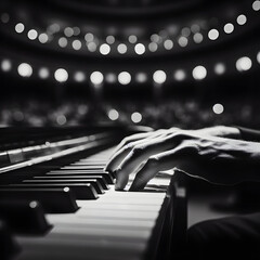 black-and-white image of hands playing the piano at a concert. Generative AI