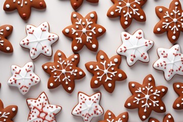 Fototapeta na wymiar Many gingerbread cookies on white background. Pattern of traditional german xmas cinnamon stars with icing decoration. Christmas greeting card. Holiday baking concept. Top view flat lay