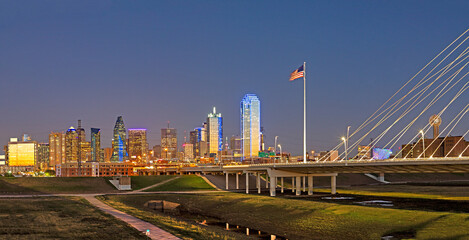 scenic skyline by night with modern skyscraper in Dallas, Texas, USA