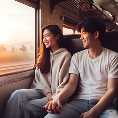 an asian couple on a train looking out of the window. Generative AI