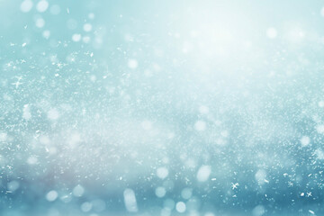 Snow falling on light blue background, sparkling winter  illustration with bokeh, wallpaper 