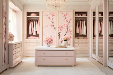An elegant wardrobe room with soft pink shelves. Glass knobs on the drawers, the walls have floral patterns. - obrazy, fototapety, plakaty
