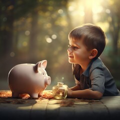 A child learns to save with his pink piggy bank,A prosperous future begins with small savings - Generative AI - obrazy, fototapety, plakaty