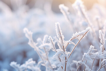 White Winter landscape background with grasses and plants covered with snow and ice Crystals