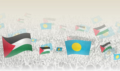 Palestine and Palau flags in a crowd of cheering people. - obrazy, fototapety, plakaty