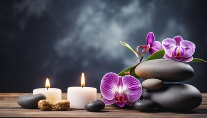 Relaxing spa treatment with candles on dark backdroptext space for personalized messages or captions