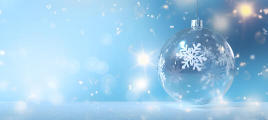 Fototapeta na wymiar Transparent Christmas ball with snowflake on the blue boke background