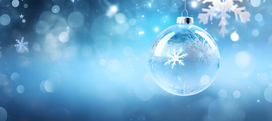 Fototapeta na wymiar Transparent Christmas ball with snowflake on the blue boke background