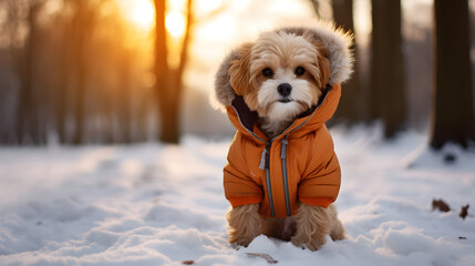 Cute dog in a warm jacket in the winter park