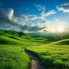 Beautiful nature landscape with a path passing trough a green grass meadow field, with mountains in the background and blue sky with clouds.