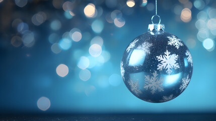 Fototapeta na wymiar Christmas ball with snowflake on the blue boke background