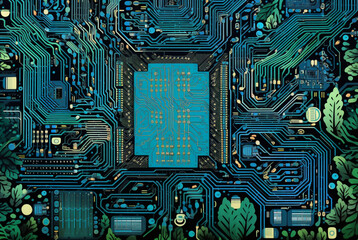 A Close-up of motherboard, processor and chips, in the style of  light amber and green