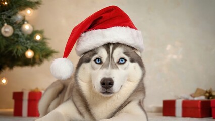 santa claus husky with christmas presents