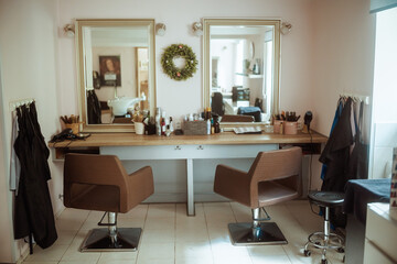 modern hair studio with chairs and mirror