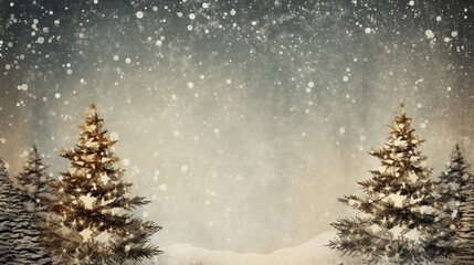 Vintage snowy christmas trees with golden stars. Festive winter landscape with textured snowfall.