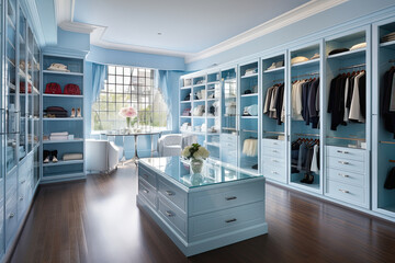 A spacious walk-in closet with sleek shelves and hanging spaces, sky blue. The light from a modern chandelier reflects off polished chrome rods