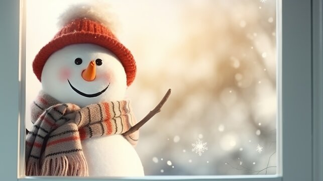 A cheerful snowman with a knitted hat and scarf by the window.