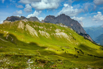 landscape with mountains, hills and clouds