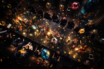 a top-down view of a cozy New Year's gathering at home, with a spread of snacks, sparkling wine