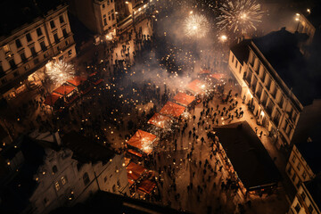 a top-down view of an urban square brimming with revelers, the sky ablaze with fireworks as the city welcomes the New Year