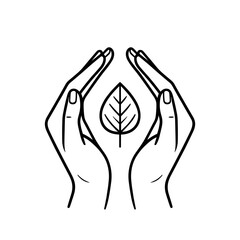 Hands hug the leaf. Black linear icon isolated. Ecological emblem. Silhouette of a caring hand with a leaf. Hand protects leaf. Vector illustration
