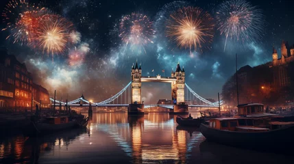 Crédence de cuisine en verre imprimé Tower Bridge new years eve with fireworks over London and its famous Tower Bridge