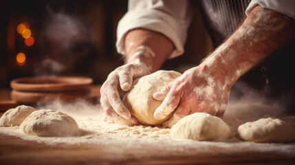 Obraz na płótnie Canvas Unrecognizable young man kneading dough on wooden table. Males hands making bread on dark background. Selective focus.