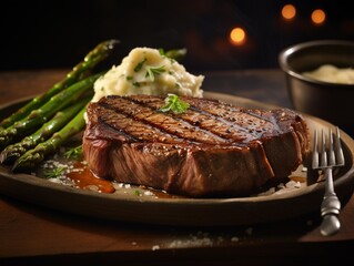Brazed steakhouse steak served with asparagus and mashed potatoes on a simple wooden plate