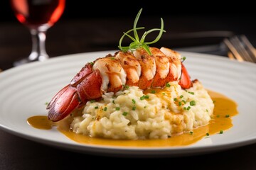 Five-star lobster tail plated on creamy risotto and accented by a sunset blush wine
