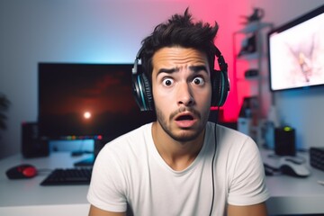 Shocked gamer at his desk with headphones, white t-shirt, hispanic