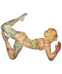 yoga illustration with an ancient world map, yoga pose silhouette, great for yoga websites, print on demand products, yoga art, yoga compositions, yoga paintings, yoga blogs... with vintage style.