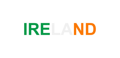 Letters Ireland in the style of the country flag. Ireland word in national flag style.