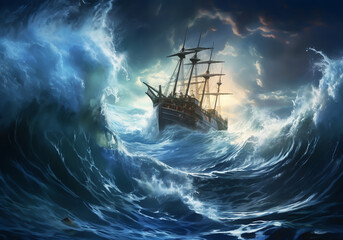 Ship sails in a turbulent sea on a large wave. Epic image. AI generative